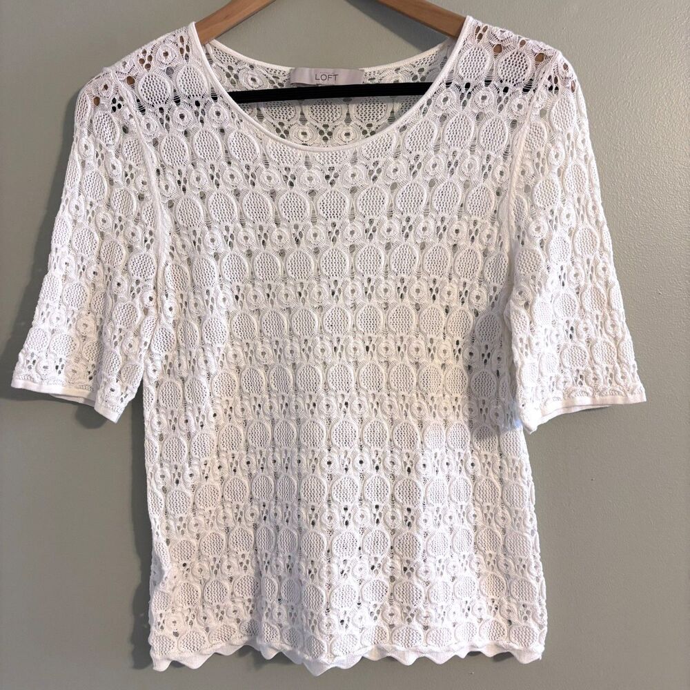 LOFT Women S Open Knit Crochet Scalloped Hem Short Sleeve Top Cottagecore Boho